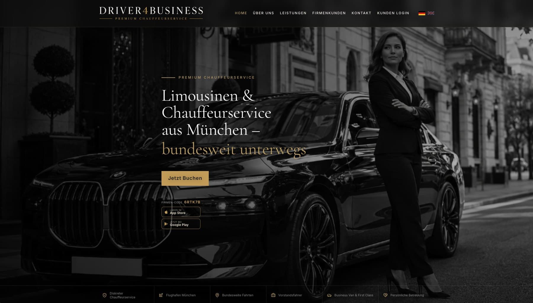 Driver4Business: öffentliche Startseite mit dem Leitsatz Limousinen- und Chauffeurservice aus München – bundesweit unterwegs.