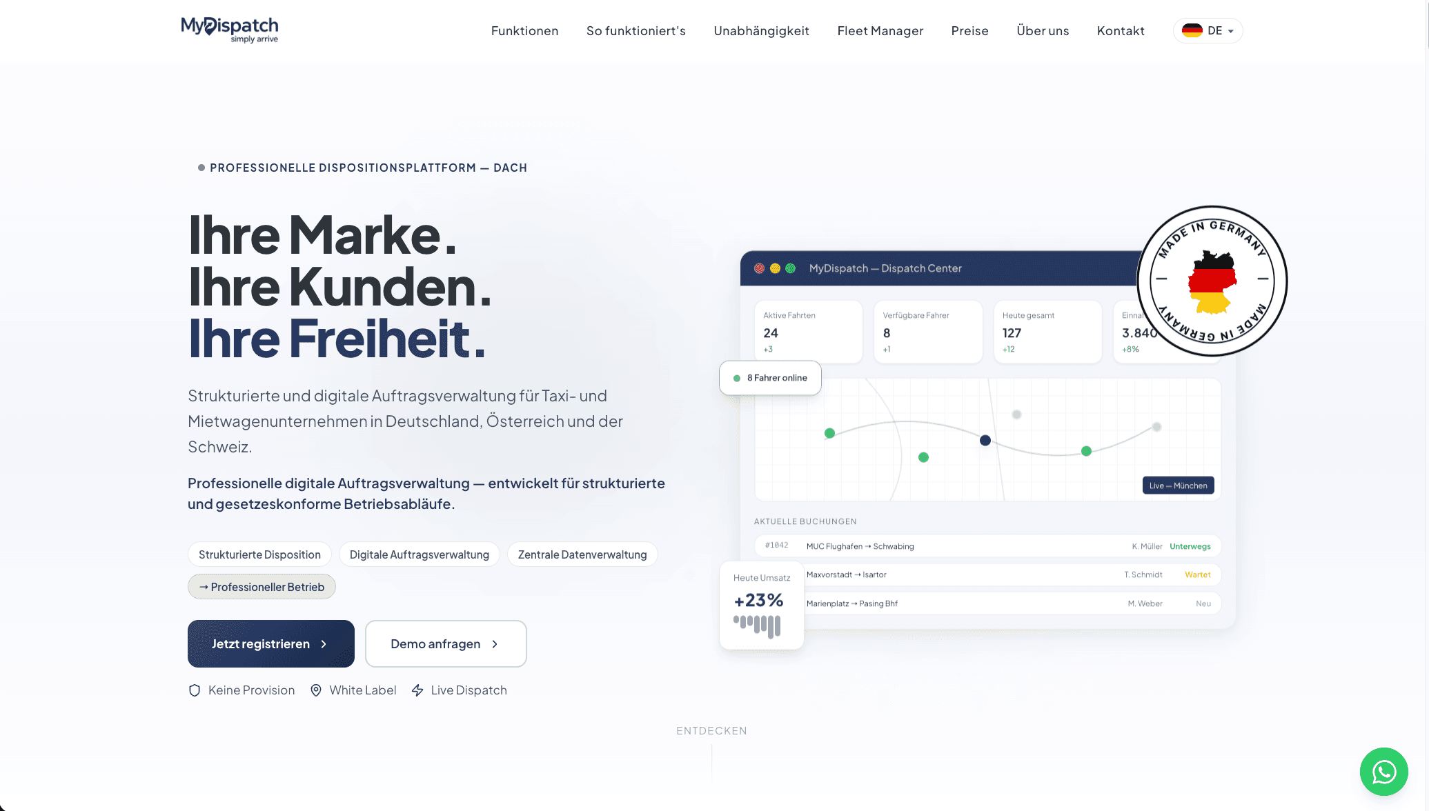 MyDispatch • simply arrive: öffentliche Verkaufsseite mit dem Leitsatz Ihre Marke. Ihre Kunden. Ihre Freiheit. und einer Ansicht des Dispatch Centers.
